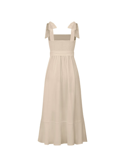 AVIANCA SHOULDER TIE BRIDAL MIDI DRESS - BEIGE