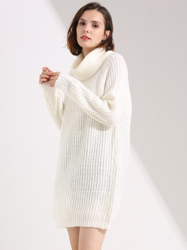 Slouchy Knitted Dress Turtleneck Long Sleeves Ribbed Cuff Mini Dresses