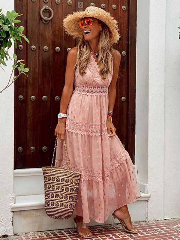 Maxi Dresses Apricot Sleeveless V-Neck Floor Length Summer Dress Boho Dress