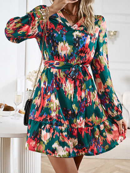 Long Sleeves Loose Printed Split-Joint Tied Waist V-Neck Mini Dresses