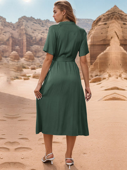 Shirt Dress Short Sleeves Belted Ring Details Buttons Midi Dresses