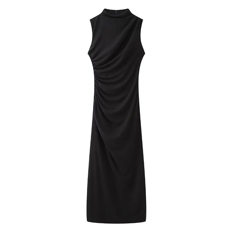 Women Clothing Stand Collar Sleeveless Straight Slim Pleated Decoration Midi Dress