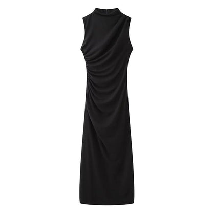 Women Clothing Stand Collar Sleeveless Straight Slim Pleated Decoration Midi Dress