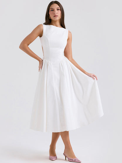 White Dress Boatneck Sleeveless Open Back Brunch Party Midi Dresses