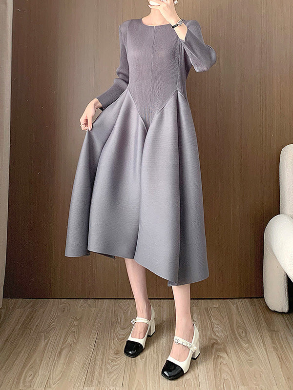 A-Line Loose Pleated Solid Color Split-Joint Round-Neck Midi Dresses