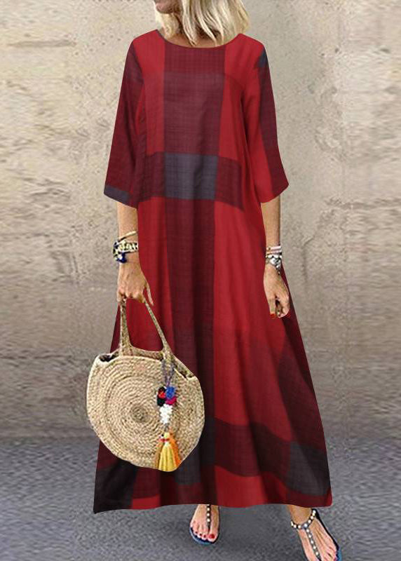 Women Yellow O-Neck Plaid Maxi Dresses Half Sleeve