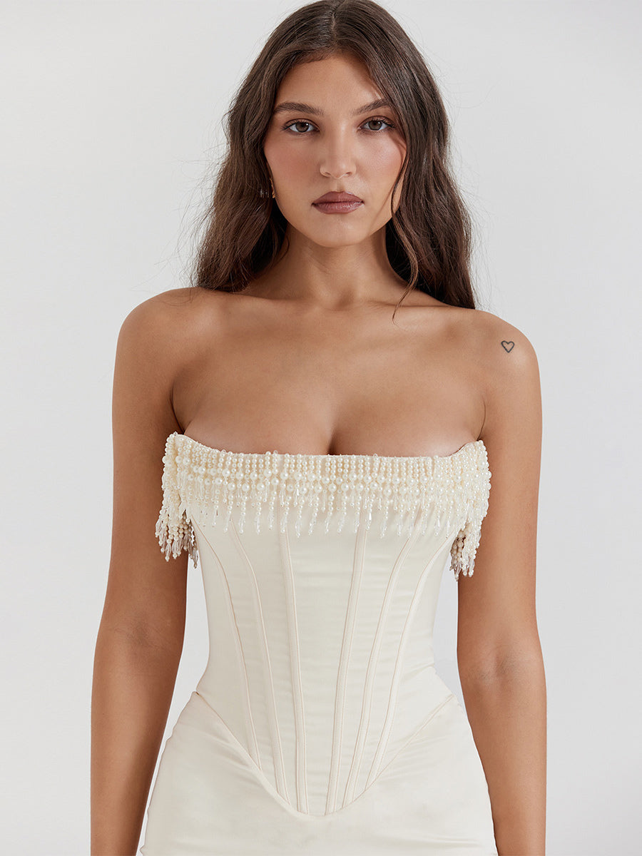 Corset Dress Fringe Pleated Lace-up Back Prom Birthday Party Midi Dresses