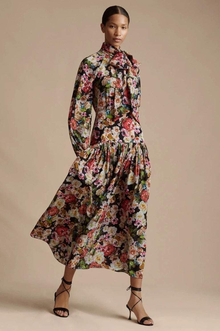 Floral Stand Collar Midi Dress