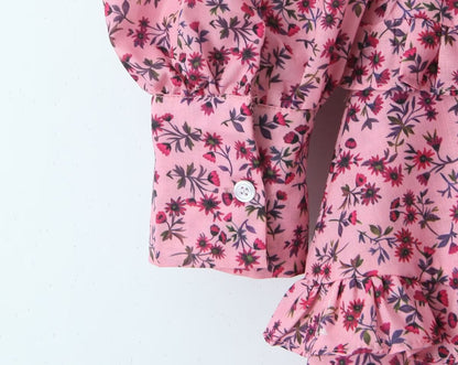 Early Spring Romantic Printed Sexy Backless V Neck Long Sleeve Princess Dress Short Dress – Floral Print Backless V Neck Mini Dress