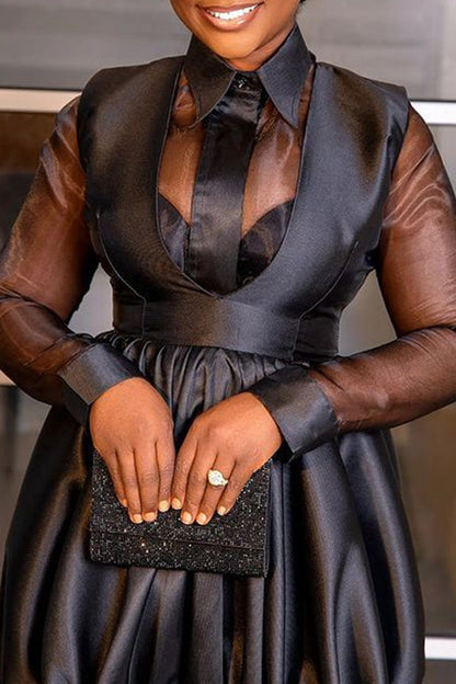 Elegant Solid Color Lapel Sheer Mesh Stitching Long Sleeve A-Line Maxi Dress