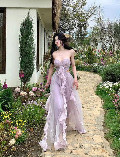 Women's Strapless Purple Tulle Maxi Dress – Summer Beach Vacation Outfit