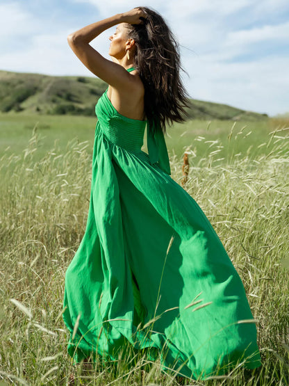 Summer Maxi Dresses Green V-Neck Pleated Beach Dress