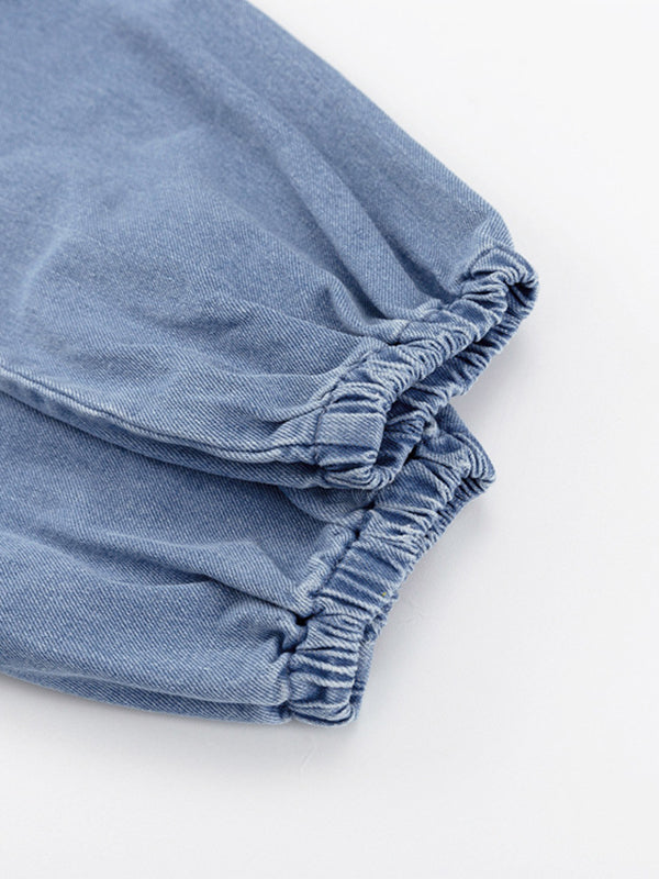 Long Sleeves Loose Split-Joint Tied Waist V-Neck Denim Mini Dresses