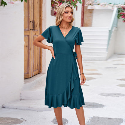 V-Neck Short Sleeve Irregular Midi Dress in Various Colors