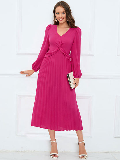 Midi Dress Pleated V-Neck Long Sleeves Casual Fall Dresses