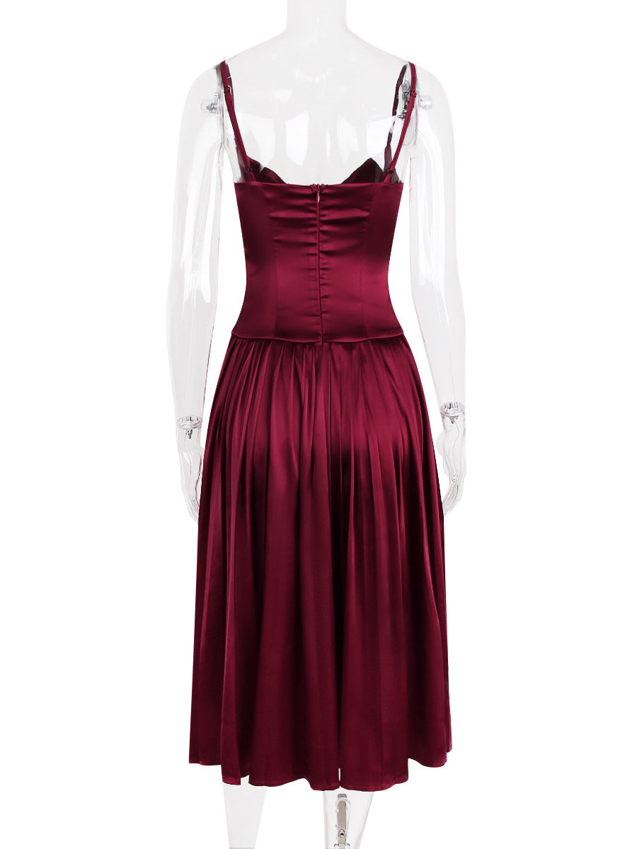 Corset Dress Spaghetti Straps Accordion Pleated Skirt Prom Birthday Party Midi Dresses