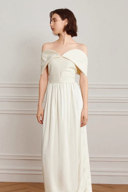 Off the Shoulder Foldover Neckline Pleated A-Line Floor Length Maxi Dress