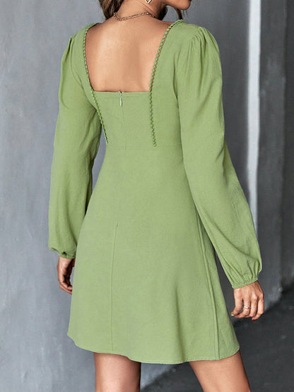 A-Line High Waisted Solid Color Split-Joint Square-Neck Mini Dresses