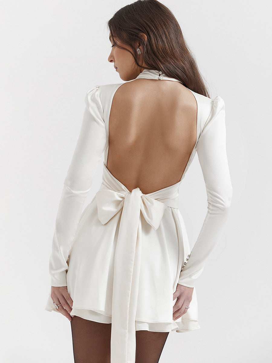 White Mini Dress Mock Neck Cutout Empire Waist Short Dresses