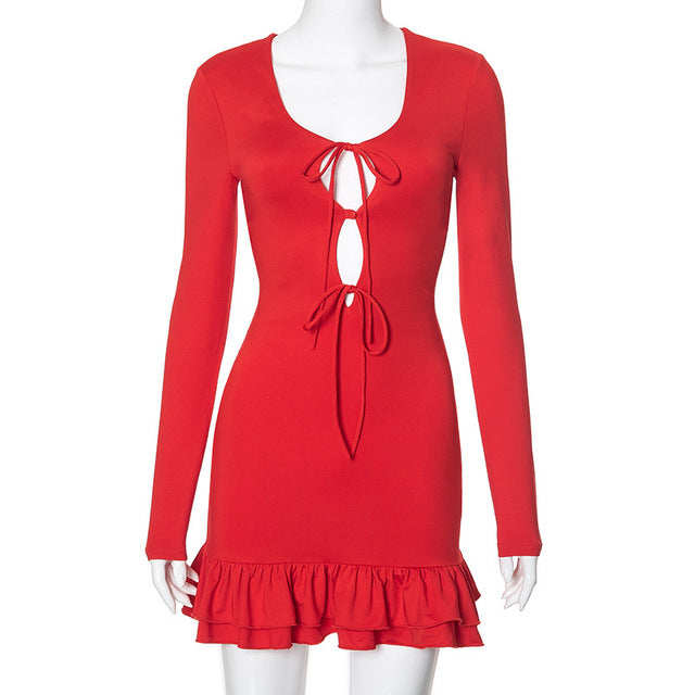 TARUXY Red Mini Bodycon Mini Dress For Women Sexy V-Neck Lace-Up Ruched Dress Long Sleeve Slim Elegant Woman Red Dress 2024
