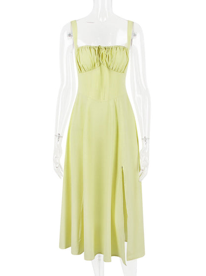 Summer Dress Sleeveless Straps Neck Chic Lace Up Midi Dress For Women