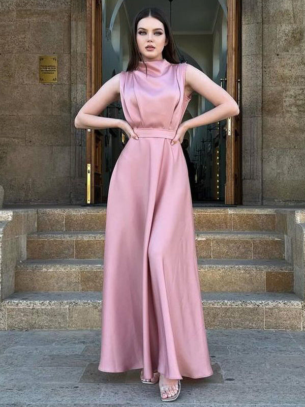 Sleeveless Dress Belted Pleated Prom Maxi Dresses In Solid Color
