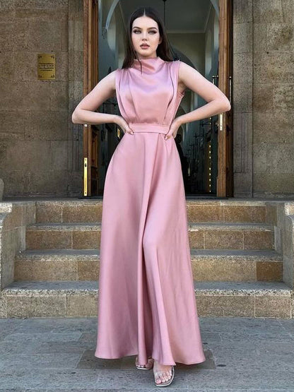 Sleeveless Dress Belted Pleated Prom Maxi Dresses In Solid Color