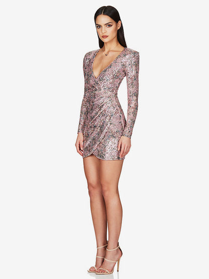 Faux Wrap Dress Printed V-Neck Long Sleeves Sexy Party Sheath Mini Dresses