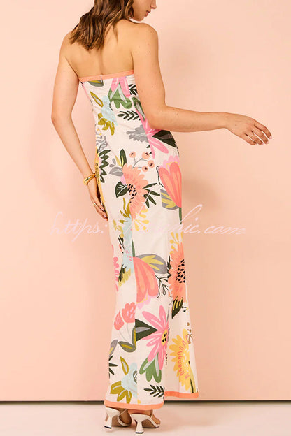Inessa Linen Blend Floral Print Strapless Wrap Bow Maxi Dress