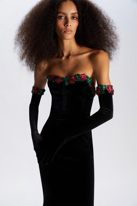 Sequin Floral Velvet Midi Dress With Gloves