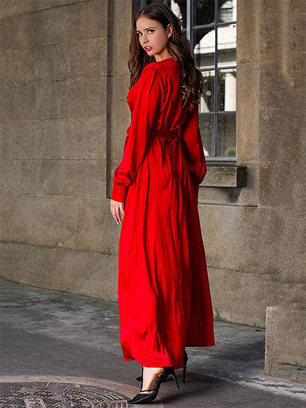 Maxi Dresses V-Neck Long Sleeves Sexy High-slit Floor Length Dress