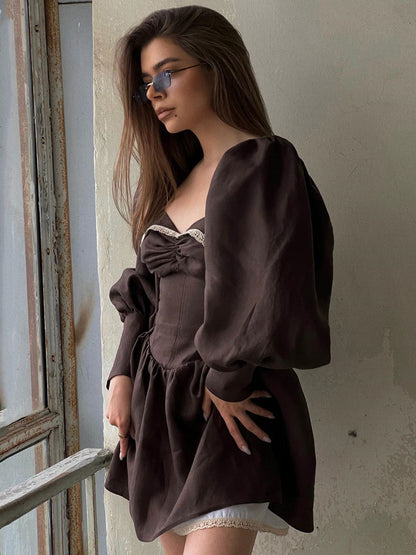 Skater Dresses Polyester Sweetheart Neck Lace Chocolate Cowboy Long Sleeves Flared Dress Mini Dresses