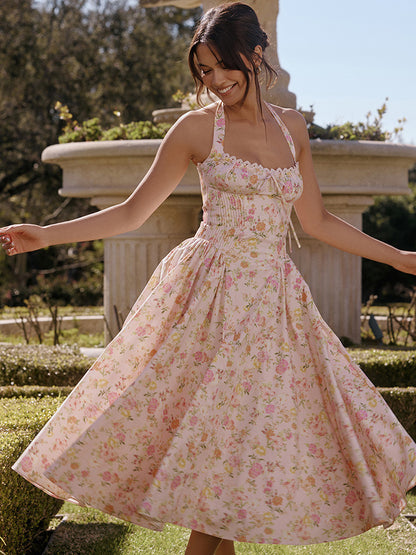Corset Dress Floral Halter Lace Up Front Pleated Eyelet Trim Party Midi Dresses