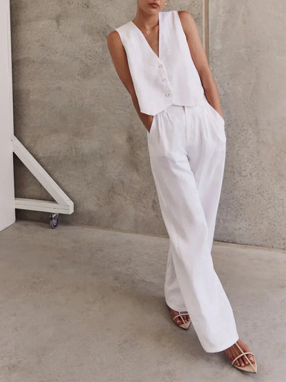 Linen Sleeveless Vest & Trousers Two-piece Set