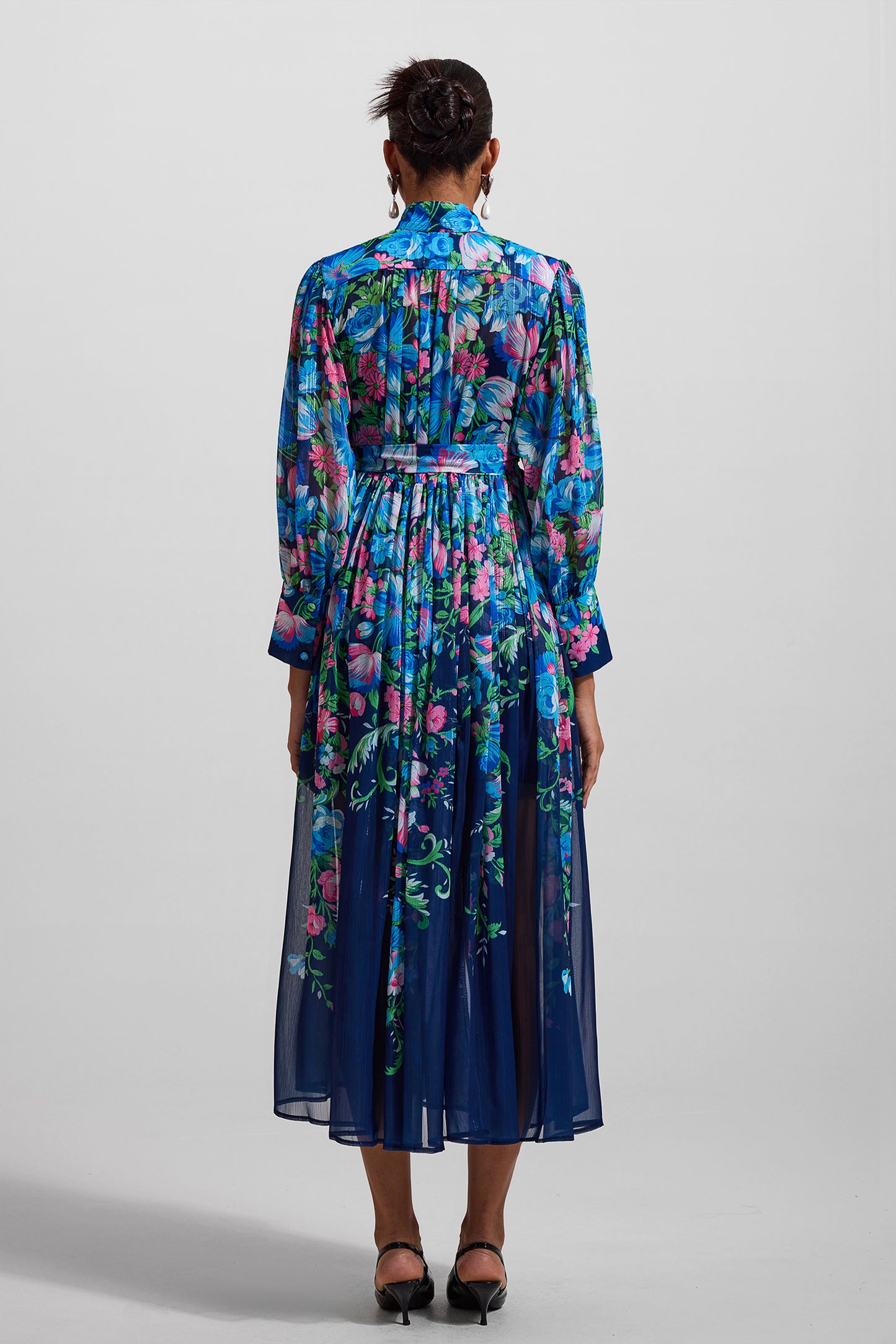 Floral Stand Collar Long Sleeve Midi Dress