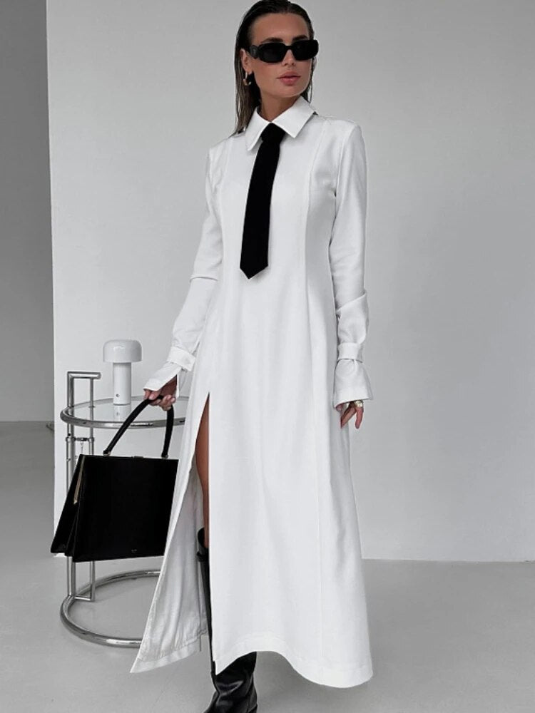 TARUXY Side Slit Long Dress For Women White Elegant Turn Collar Tie Midi Dresses Femme 2024 New Street Loose Slender Dress Woman
