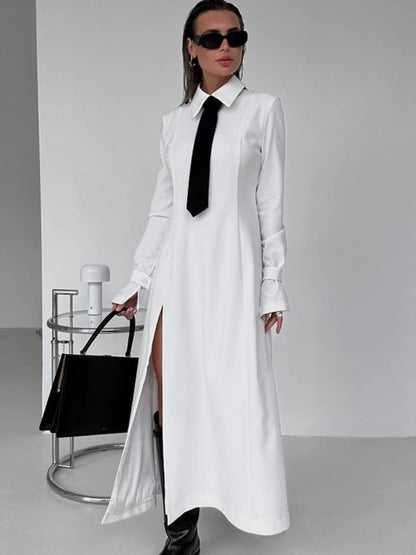 TARUXY Side Slit Long Dress For Women White Elegant Turn Collar Tie Midi Dresses Femme 2024 New Street Loose Slender Dress Woman