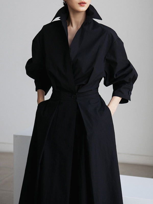 Long Sleeves Loose Pleated Solid Color Split-Joint Tied Waist Lapel Midi Dresses Shirt Dress