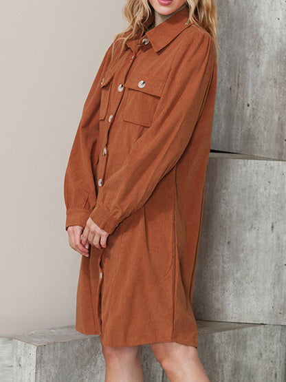 Long Sleeves Loose Pleated Split-Joint Lapel Mini Dresses Shirt Dress