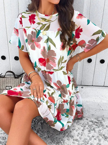 Botanical print short-sleeved tiered mini dress