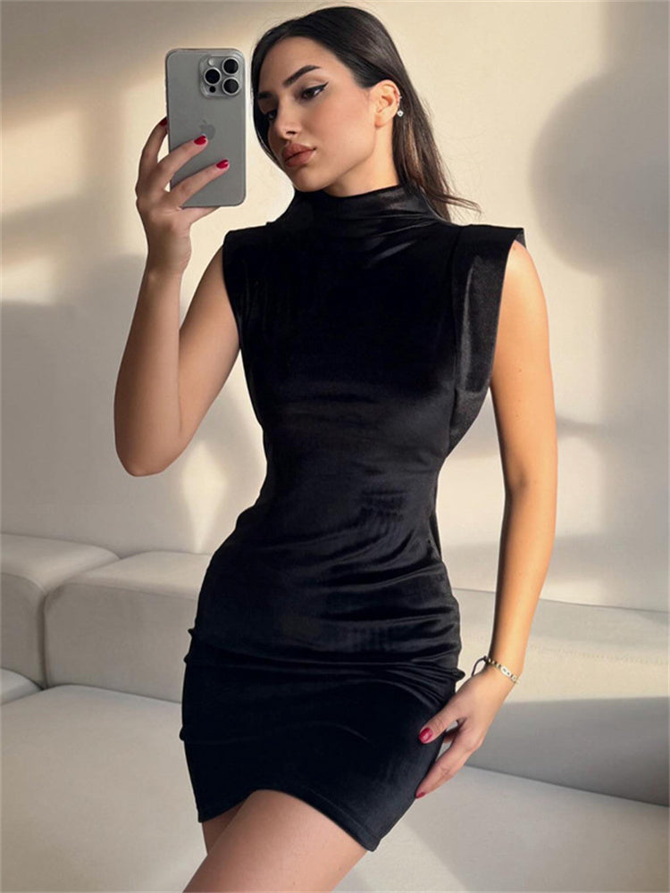 Tossy Satin Sleeveless Black Mini Dress Slim Female Casual Solid High Waist Solid Patchwork Elegant Black Dress Women Clothes