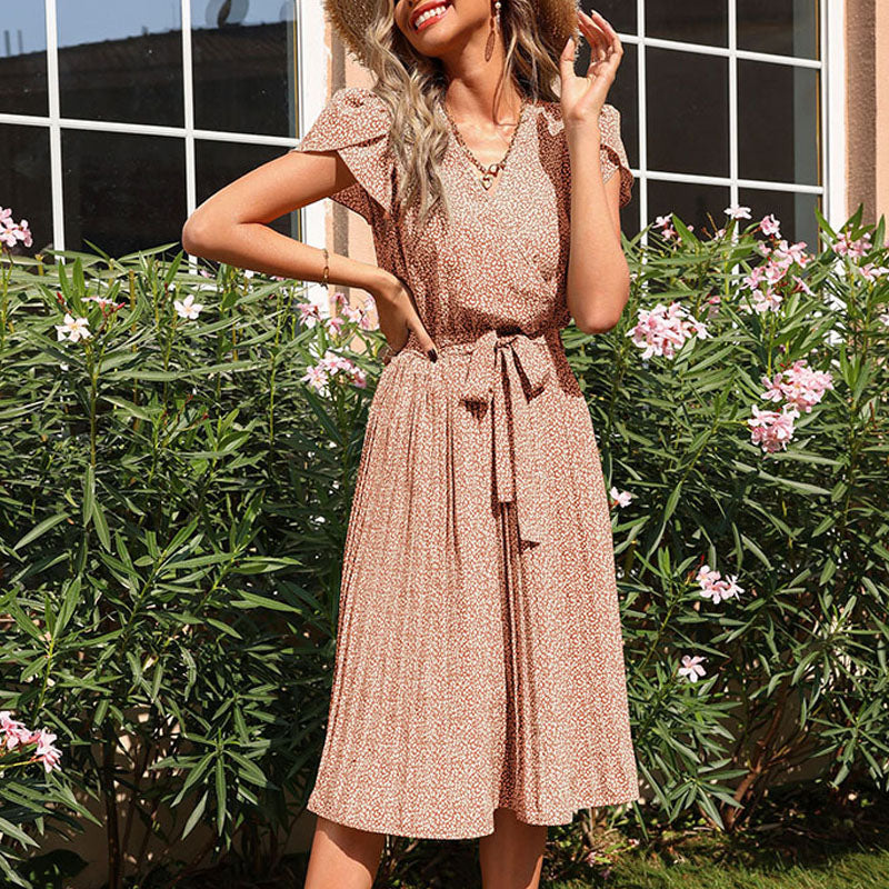 Summer V-Neck Midi Dress with Pleated Design in 3 Colors
