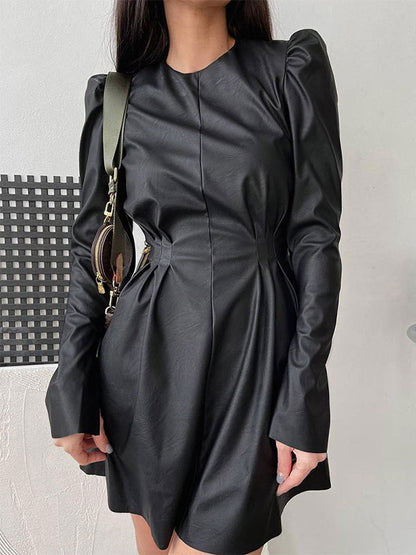 Black Midi Dress Puff Sleeves Pleated PU Leather Zipperr Day Dresses