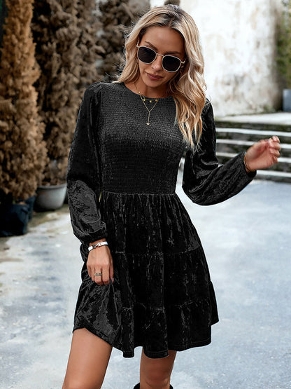 Mini Dresses Velvet Black Long Sleeves Pleated Velour Jewel Neck Dress