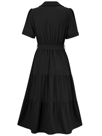 Celie Poplin Collared Tie Waist Midi Dress - Black