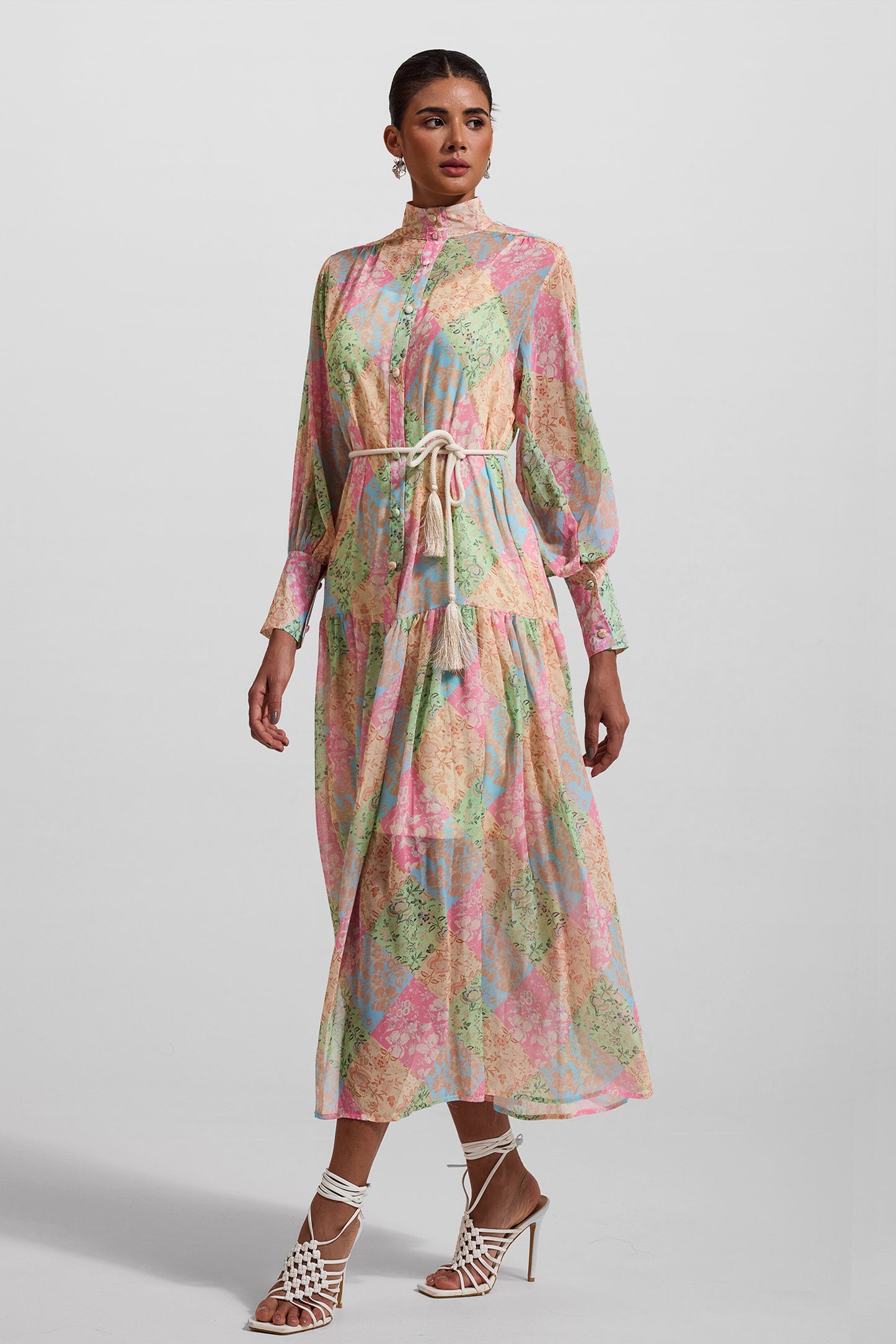 Floral Lantern Sleeve Stand Collar Midi Dress