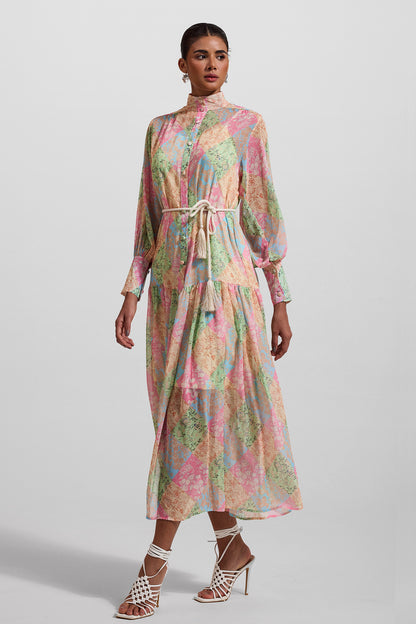 Floral Lantern Sleeve Stand Collar Midi Dress