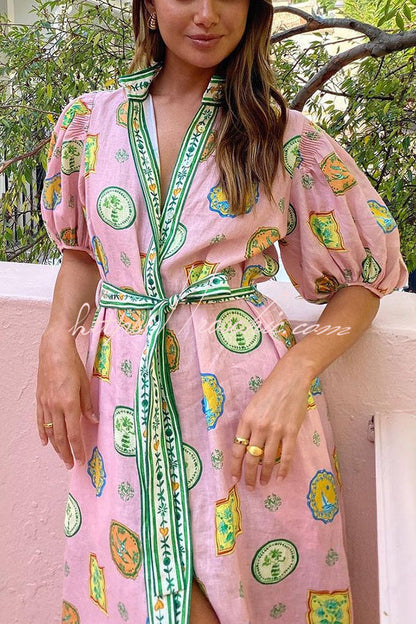 Orla Unique Print Balloon Sleeves Printed Belt Pocket Midi Dress