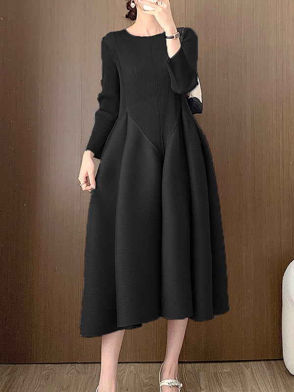 A-Line Loose Pleated Solid Color Split-Joint Round-Neck Midi Dresses