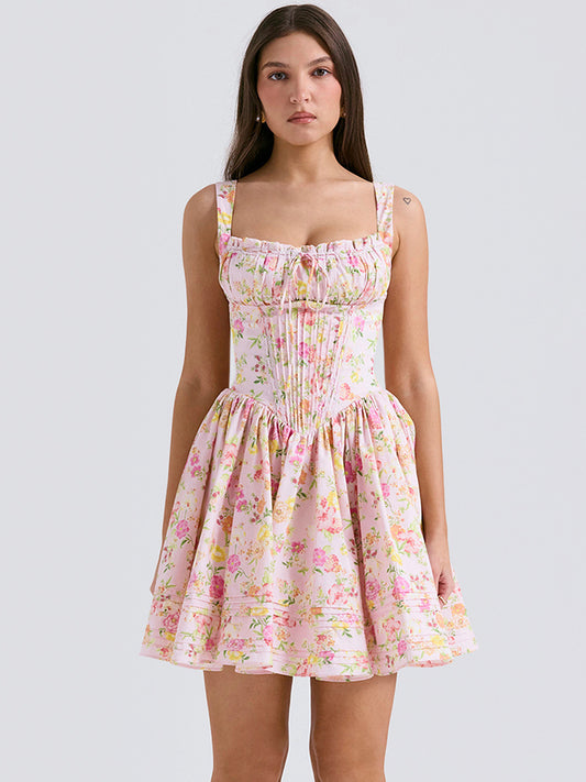 Floral Dress Mini Dresses Dresses Floral Print Lace Up Straps Neck Sleeveless No Open Seam Elegant Fall Short